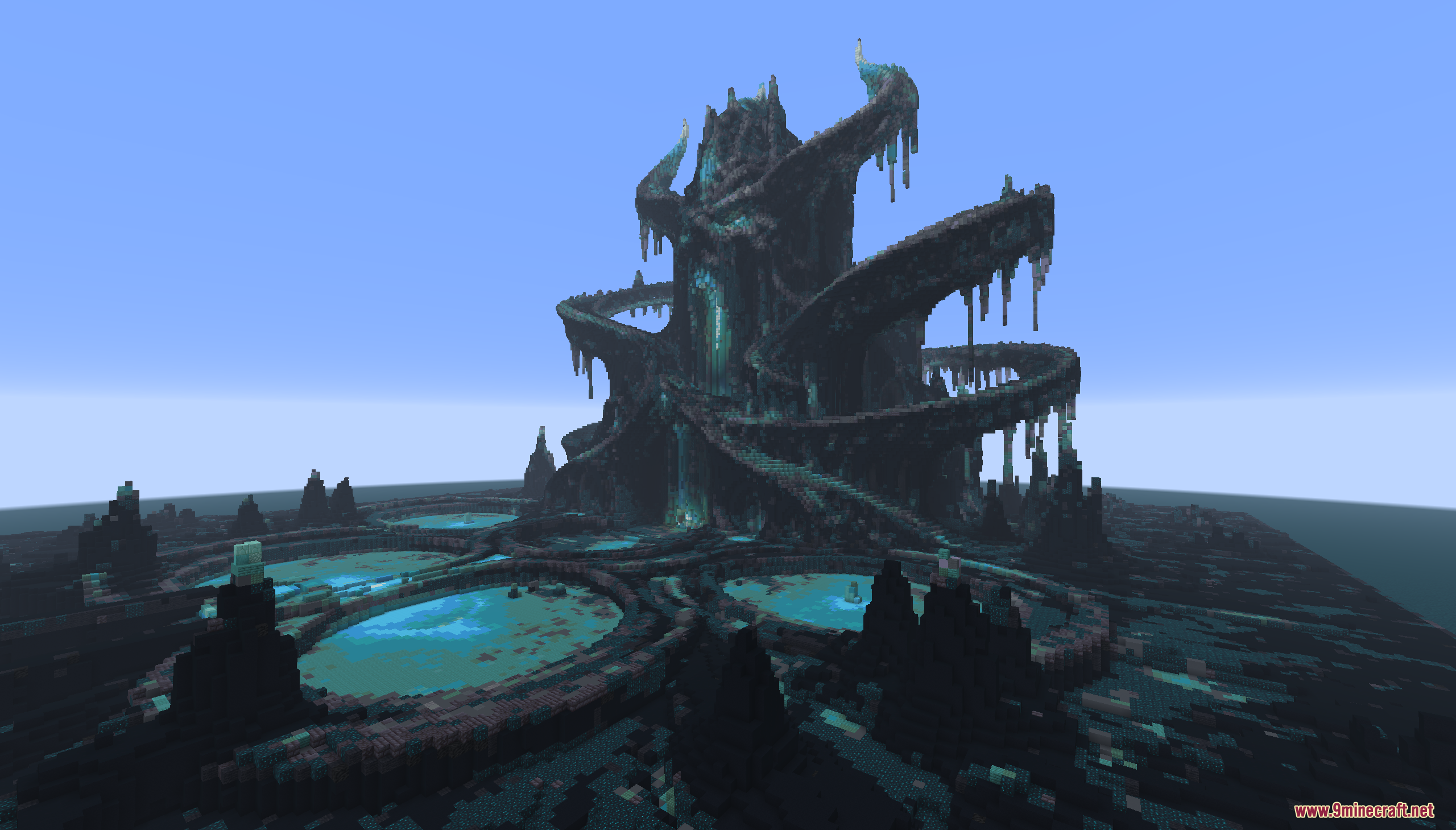 The Sculkborne Castle Map Screenshot 4 Wide shot of massive dark castle surrounded by glowing blue pools