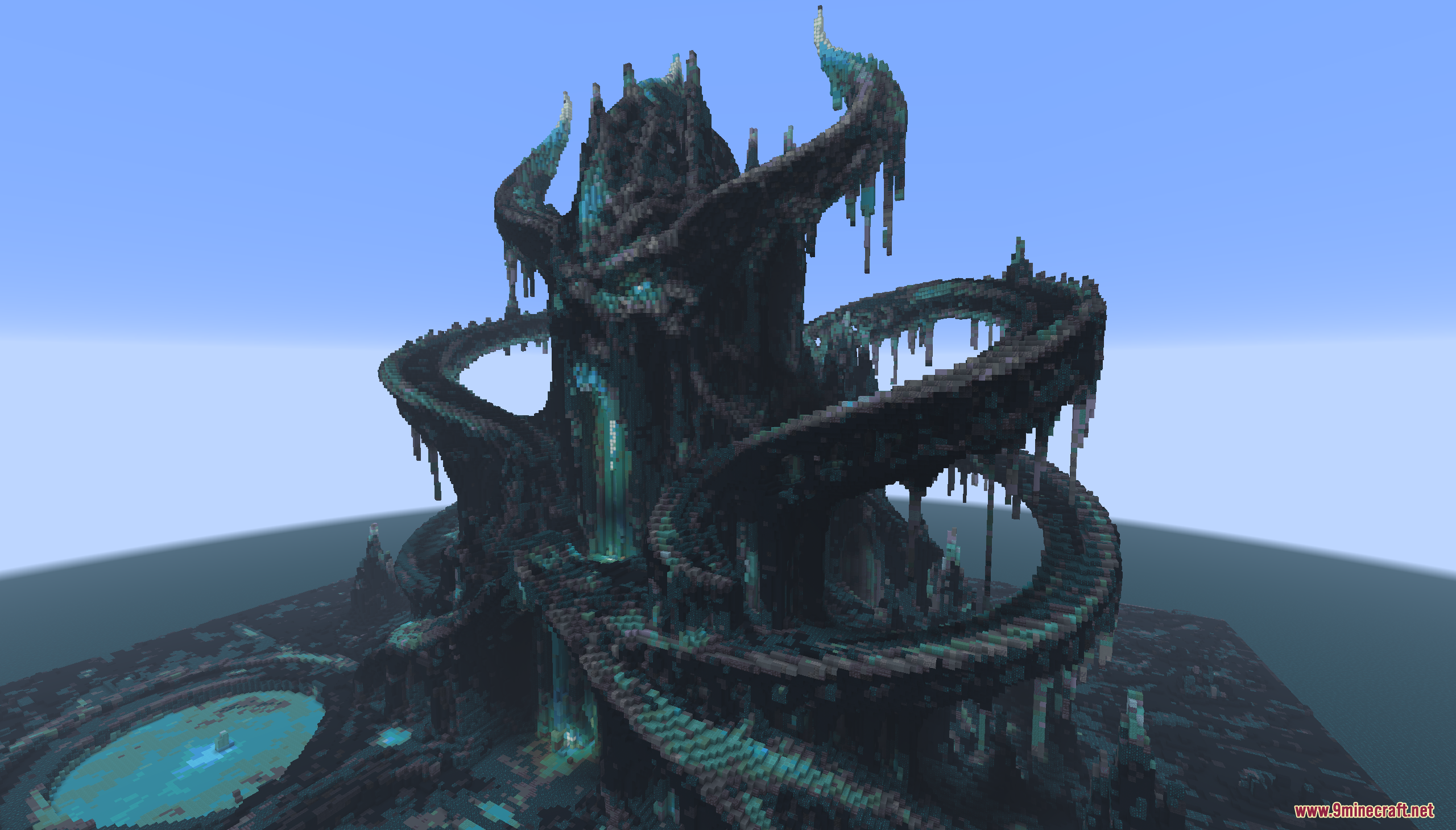 The Sculkborne Castle Map Screenshot 5 A massive dark castle with spiral staircases and glowing cyan sculk blocks