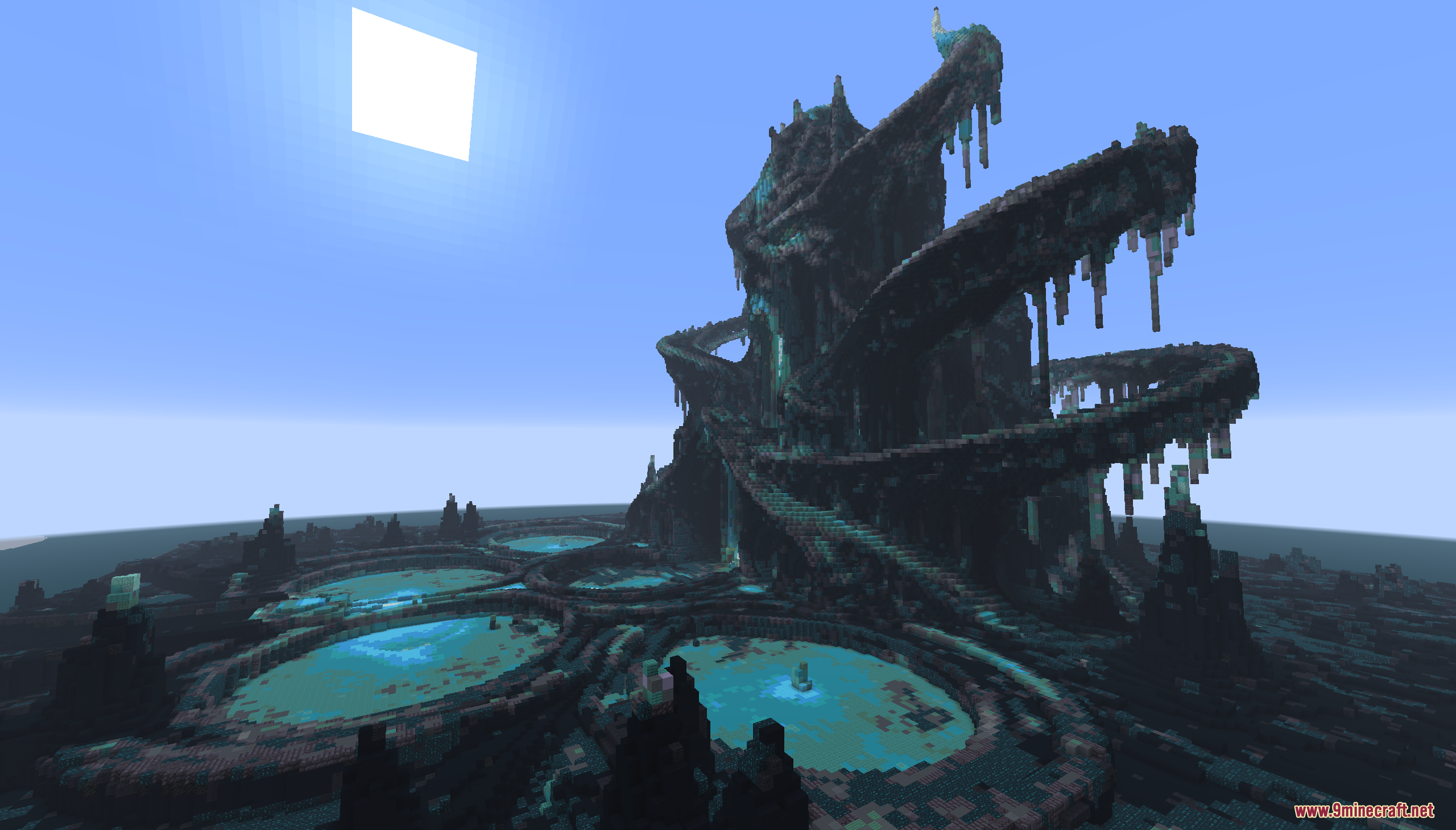 The Sculkborne Castle Map Screenshot 7 Giant sculk fortress featuring spiraling ramps and glowing blue pools under a bright sun