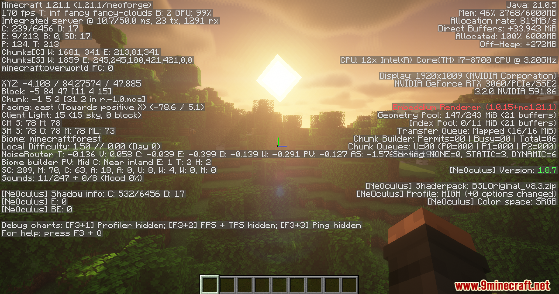 Thread Tweak Reforged Mod Screenshot 3 Minecraft player viewing the debug screen during a scenic forest sunset