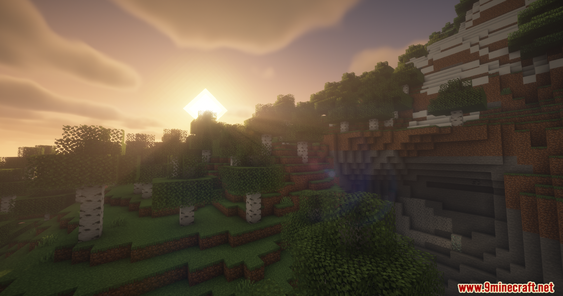 Thread Tweak Reforged Mod Screenshot 5 Cinematic sunset view of a birch forest with realistic lighting and shadows