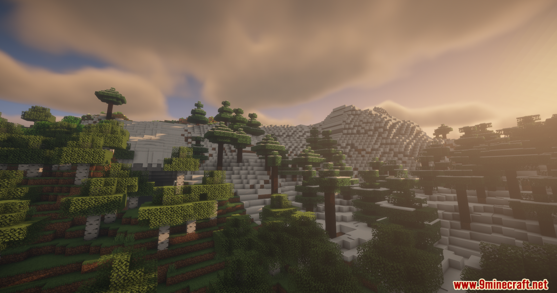 Thread Tweak Reforged Mod Screenshot 7 A scenic sunset view of snowy mountains and mixed forests with cinematic shaders