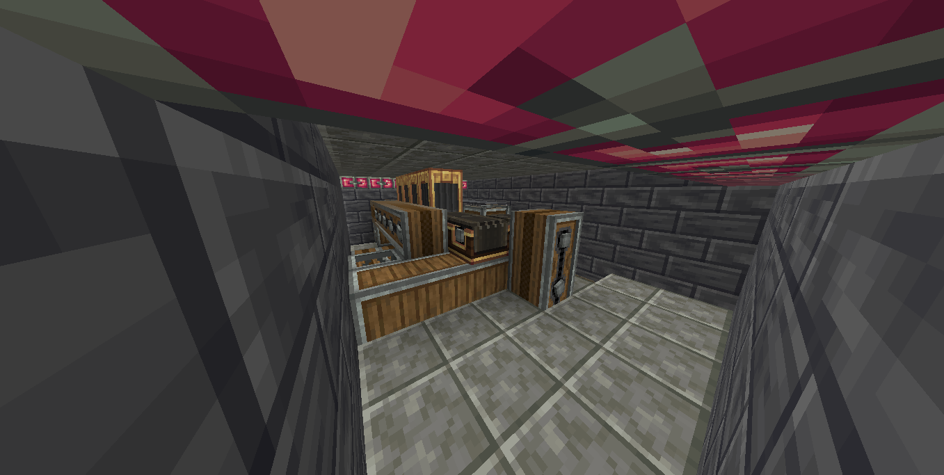 Internal view of the ore processor showing mechanical belts and storage chests