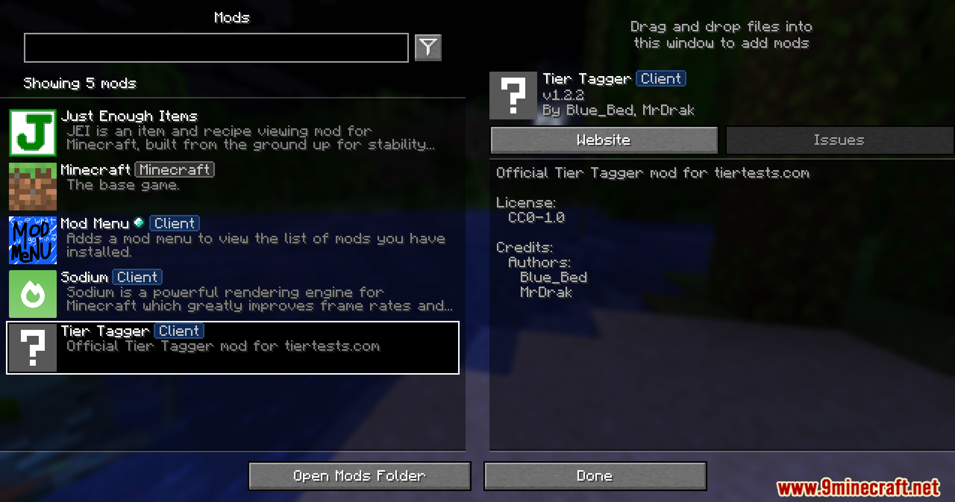 Minecraft mod menu screen showing the Tier Tagger mod and other plugins