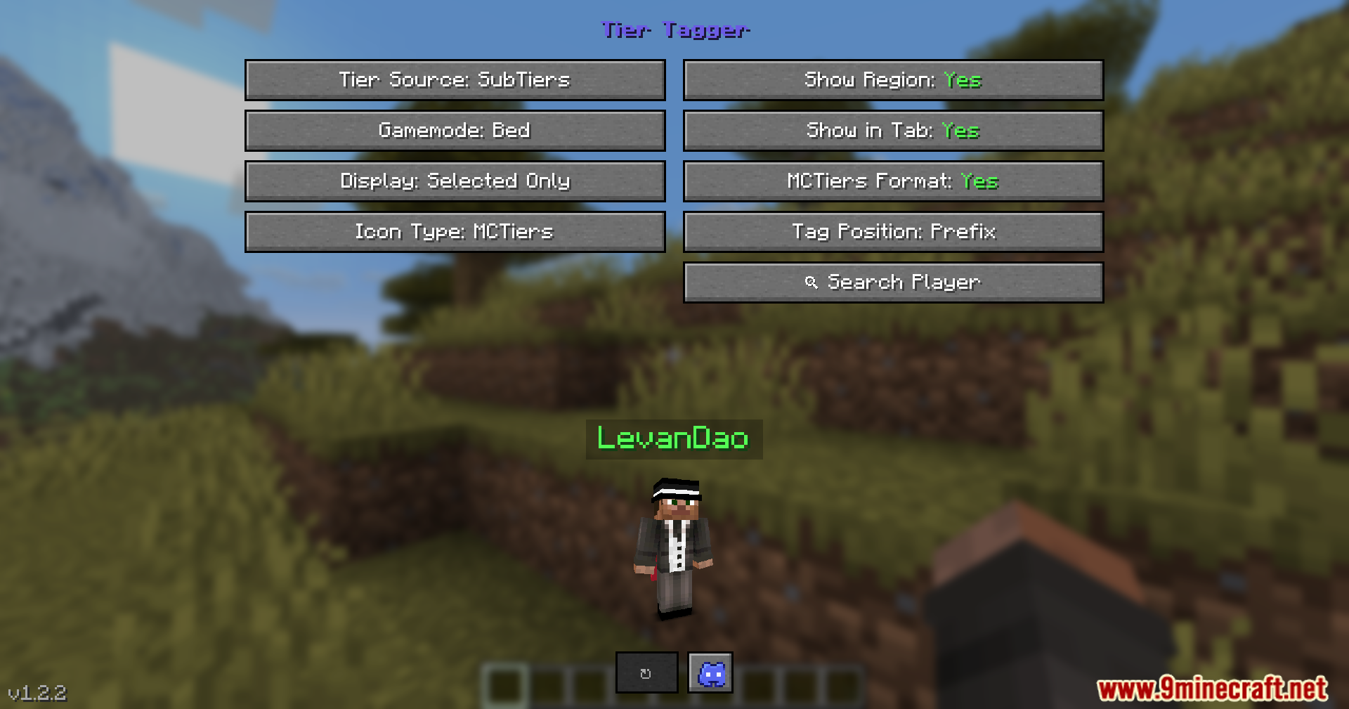 Tier Tagger mod menu showing PvP skill rank settings for Bed gamemode