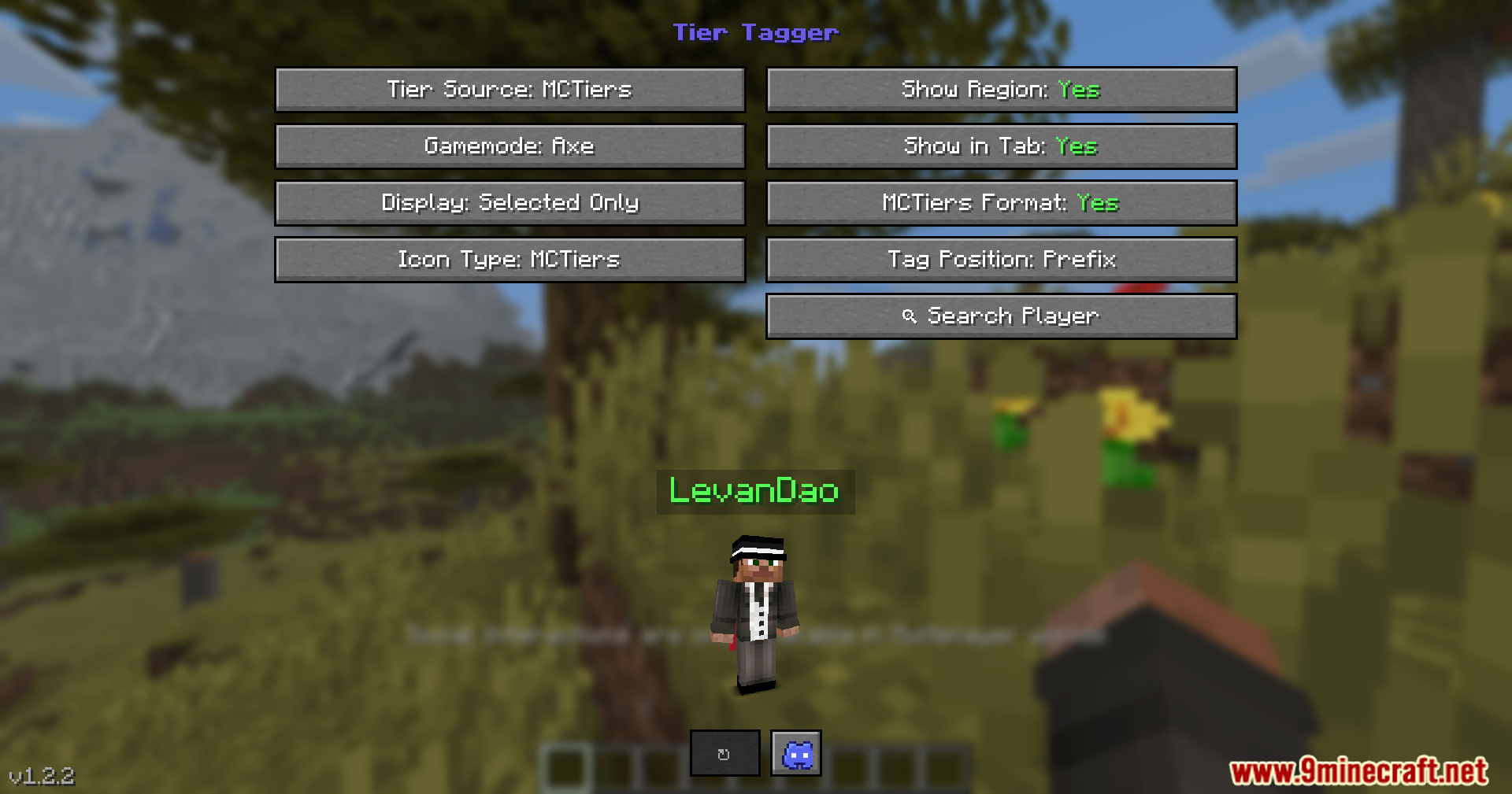 Tier Tagger mod menu showing PvP skill rank settings for Axe gamemode