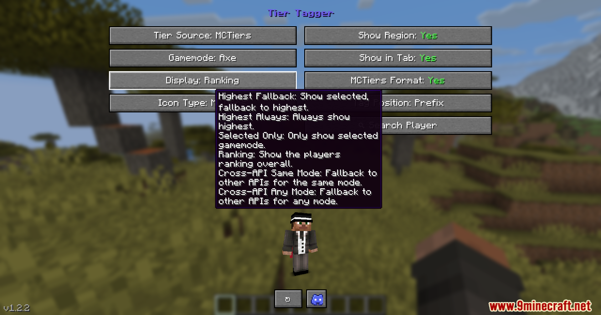 Minecraft player viewing a detailed settings menu for PvP ranking display options