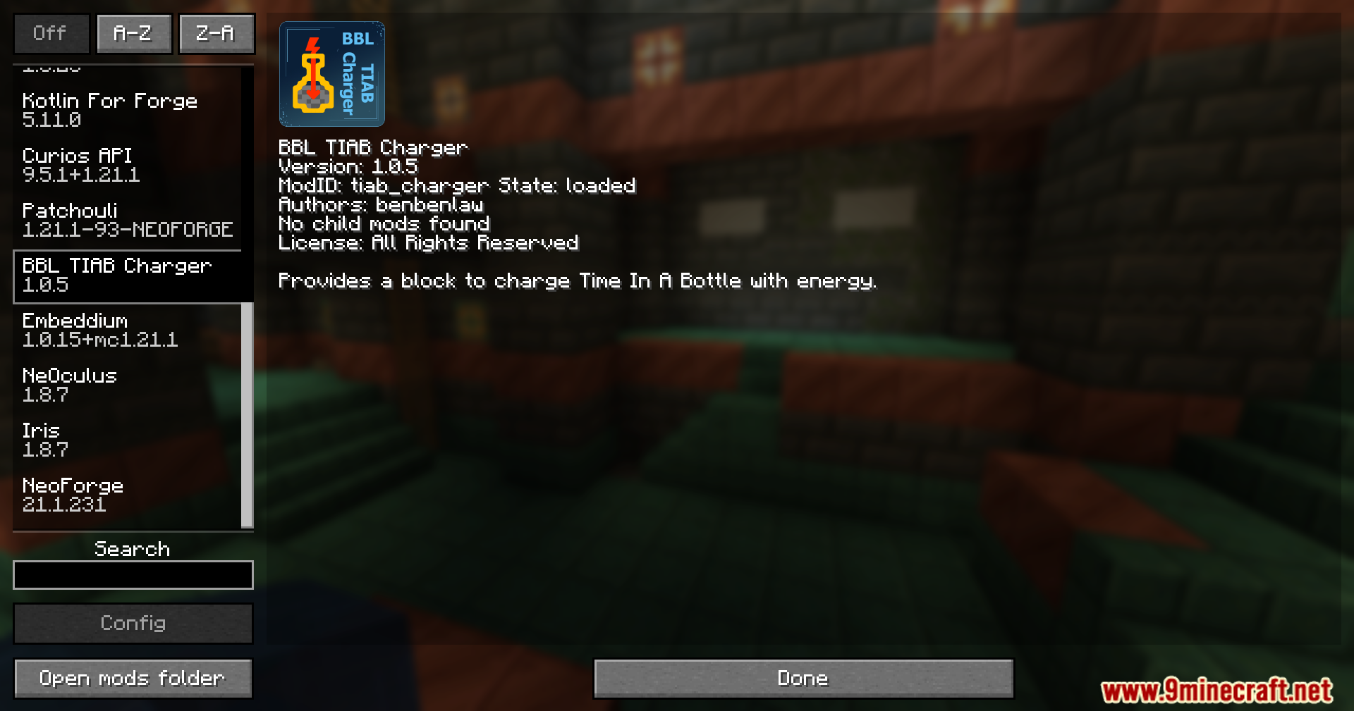 Time in a Bottle Charger Mod Screenshot 1 Minecraft mod menu screen displaying information about the TIAB Charger mod