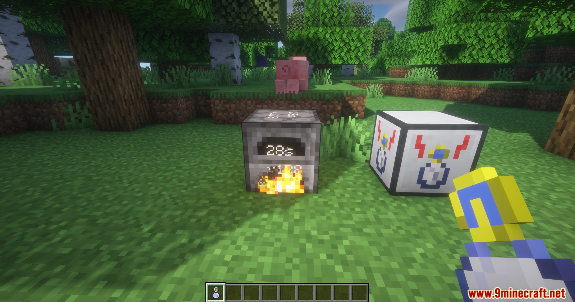 Time in a Bottle Charger Mod Screenshot 10 A specialized machine block placed on the grass next to a burning furnace