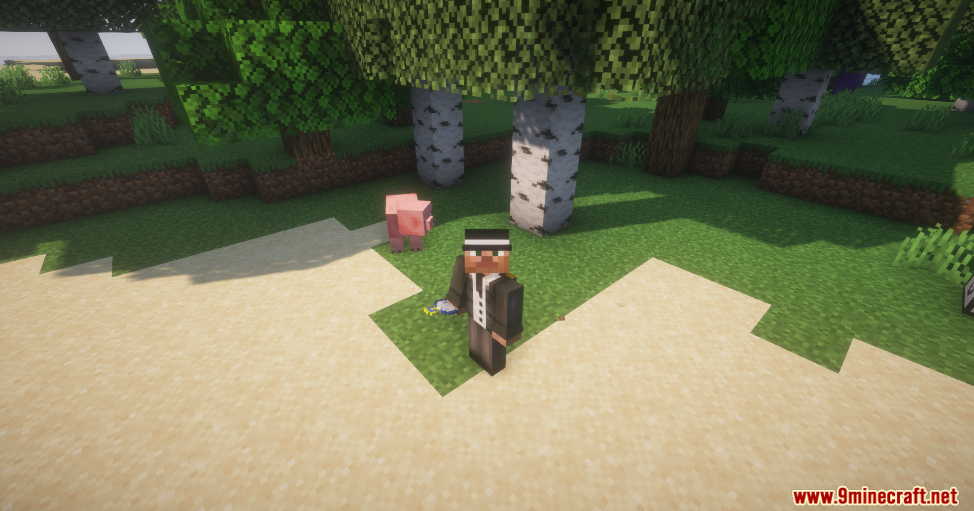 Time in a Bottle Charger Mod Screenshot 5 A player character in a suit standing in a birch forest with a pig