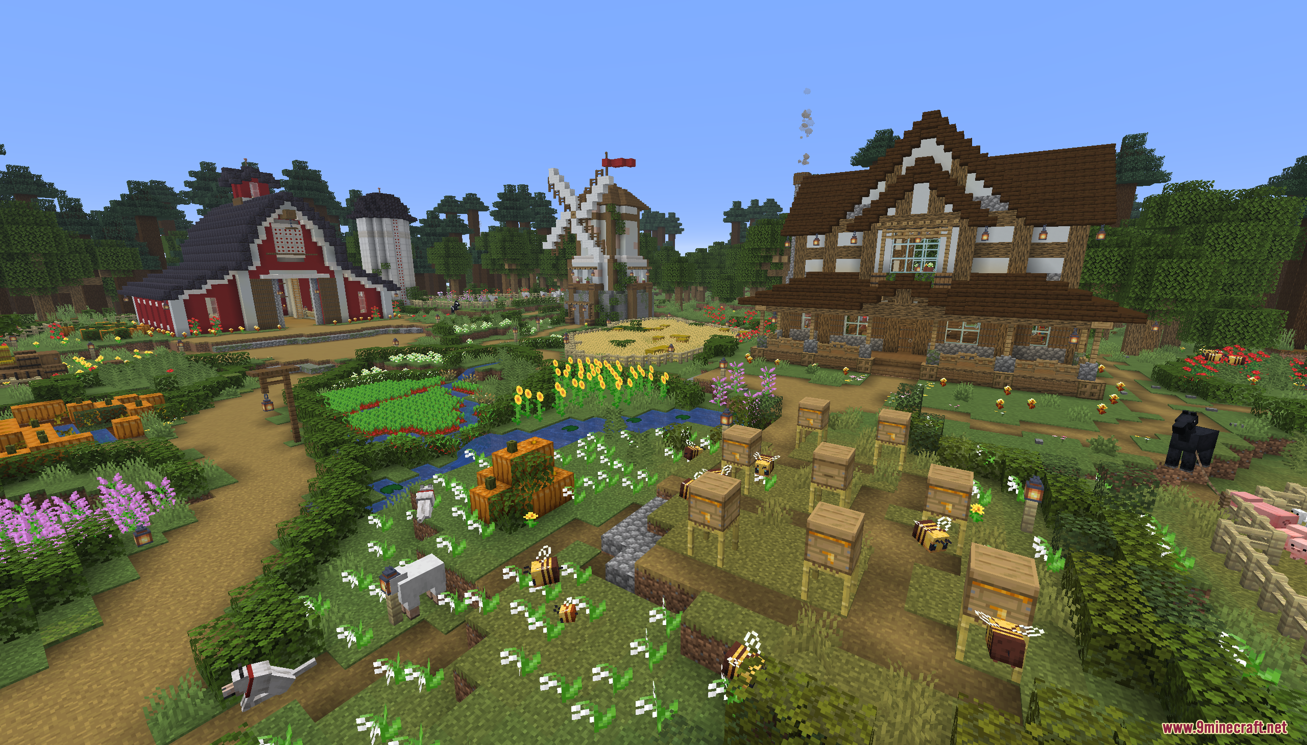 Tiny Takeover Farmstead Map Screenshot 1 A large farmstead featuring a red barn windmill and colorful flower gardens