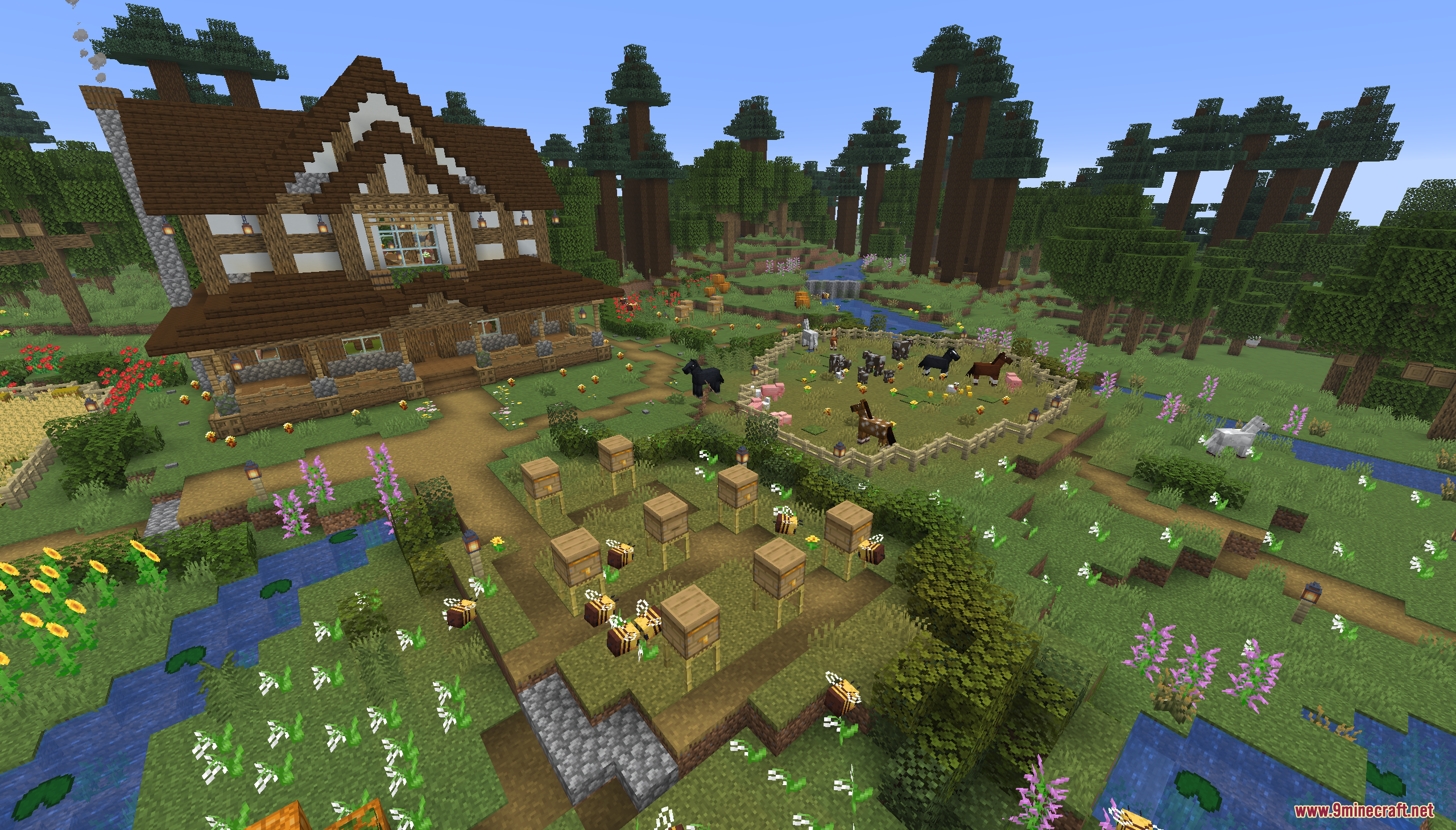 Tiny Takeover Farmstead Map Screenshot 2 Cozy farmhouse overlooking a fenced animal pen and several active bee hives