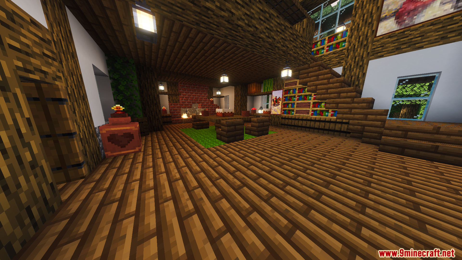 Cozy interior of the Tiny Takeover Farmstead Map farmhouse with wooden furniture