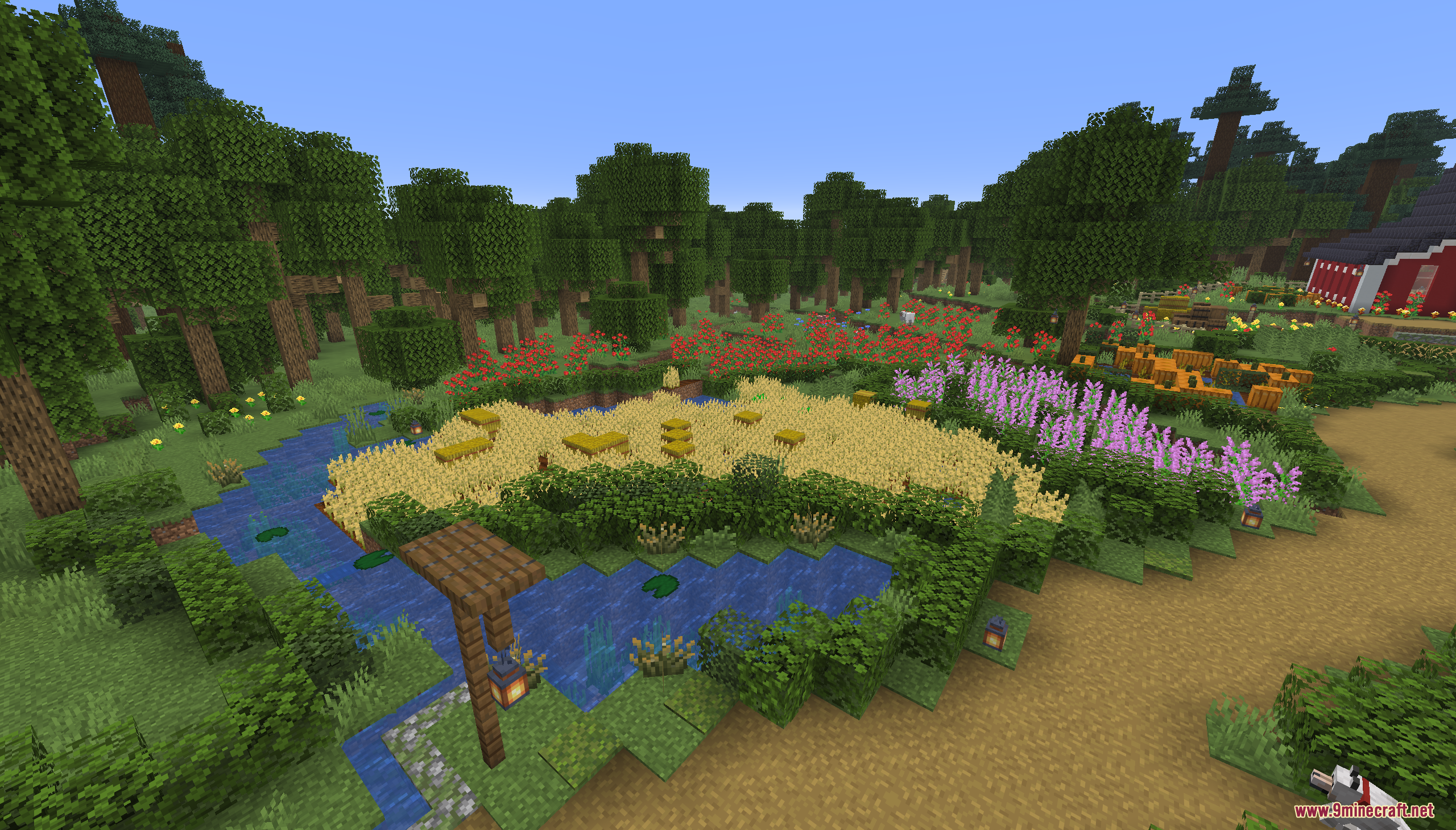 Tiny Takeover Farmstead Map Screenshot 3 Scenic view of a farm with wheat fields and colorful flowers in Minecraft