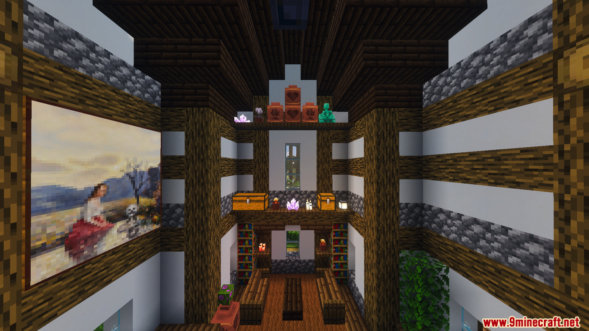 Interior of a cozy farmhouse with a large painting and wooden bookshelves