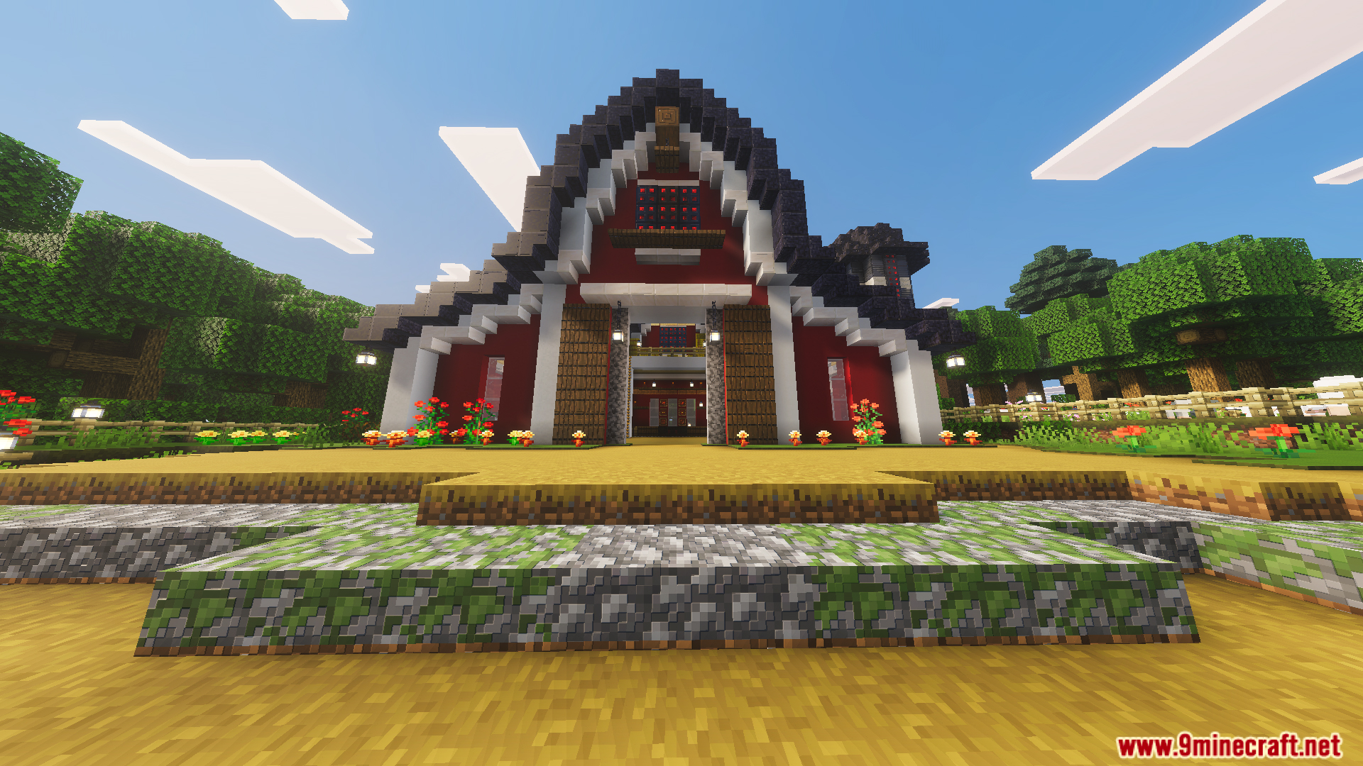 Large red barn exterior on the Tiny Takeover Farmstead Map property