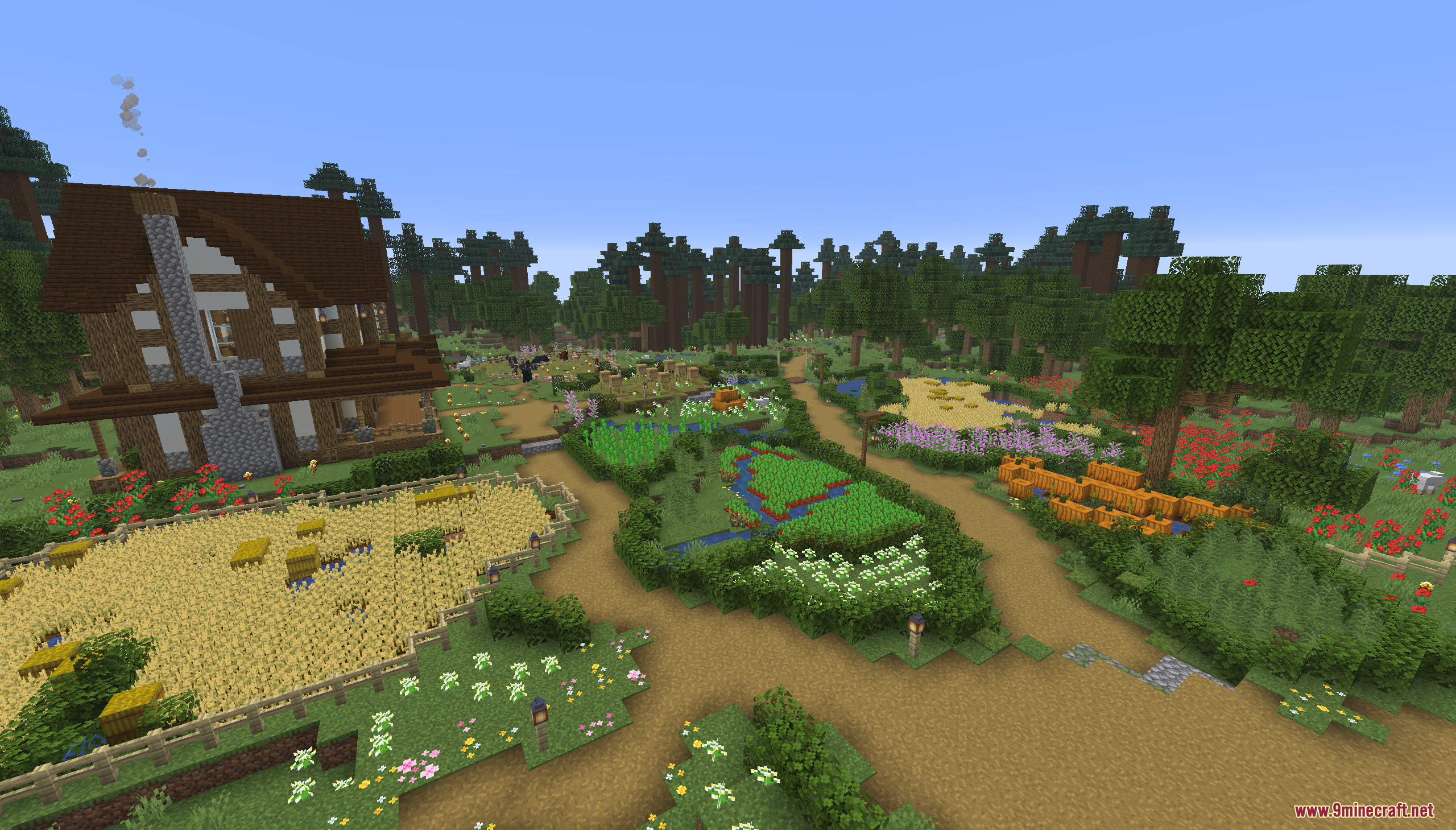 Tiny Takeover Farmstead Map Screenshot 7 A cozy Minecraft farmhouse surrounded by lush crop fields and vibrant flowers