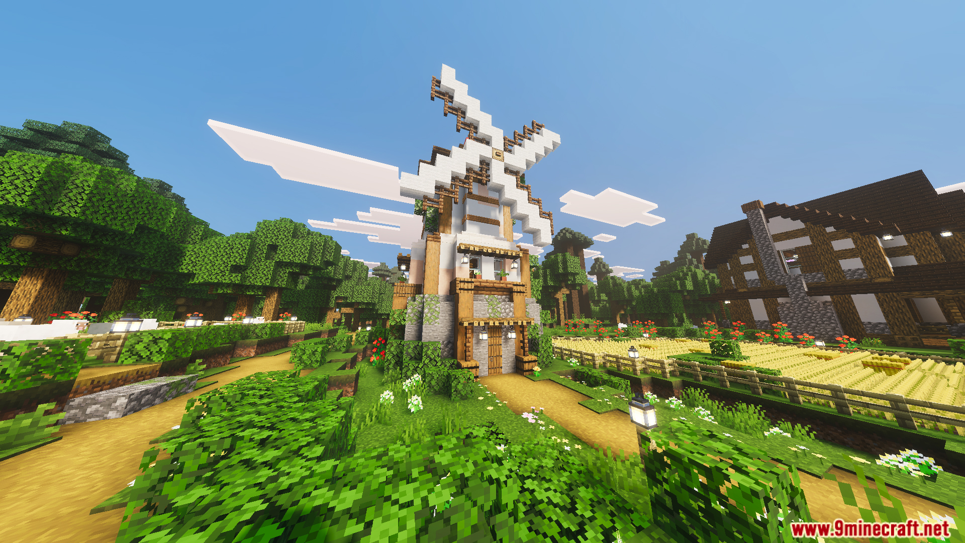 Tiny Takeover Farmstead Map features a tall windmill overlooking scenic crop fields and farmhouse