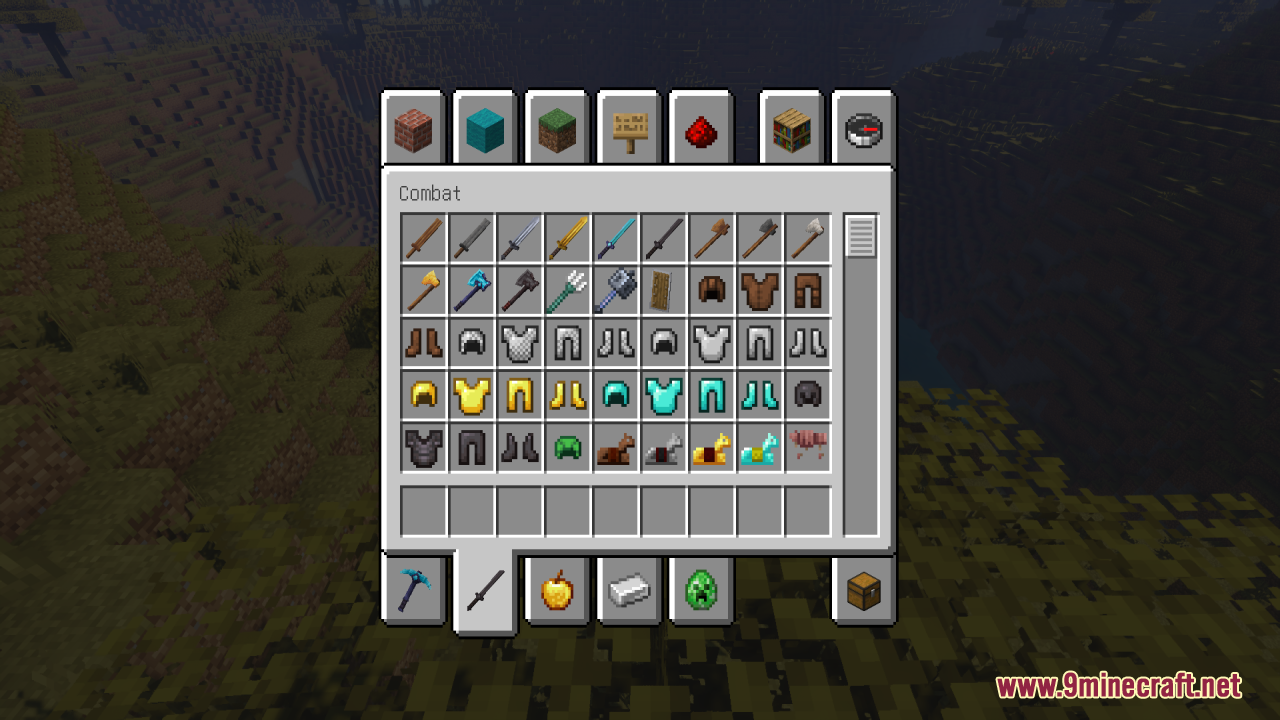 Tools 3D Resource Pack Screenshot 1 Creative inventory menu showing various weapons and armor with thick realistic models