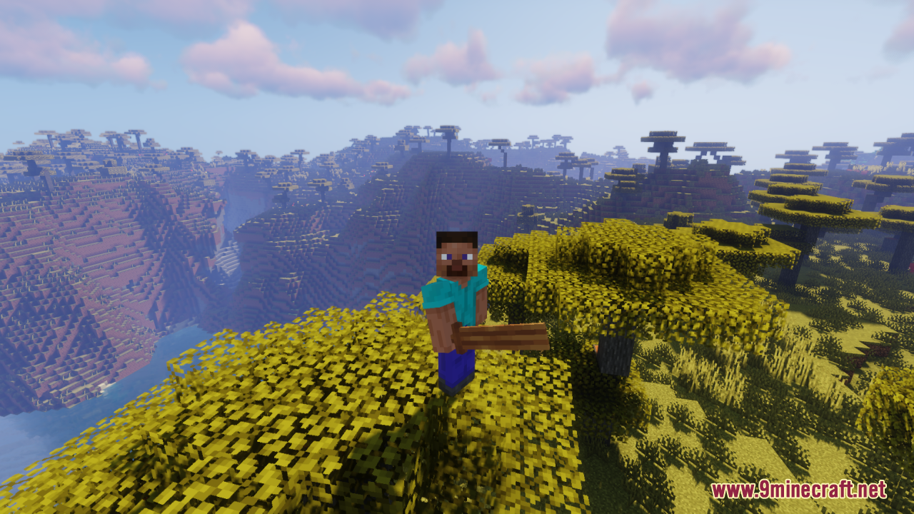Tools 3D Resource Pack Screenshot 10 Steve holding a thick 3D wooden sword in a vast savanna biome landscape
