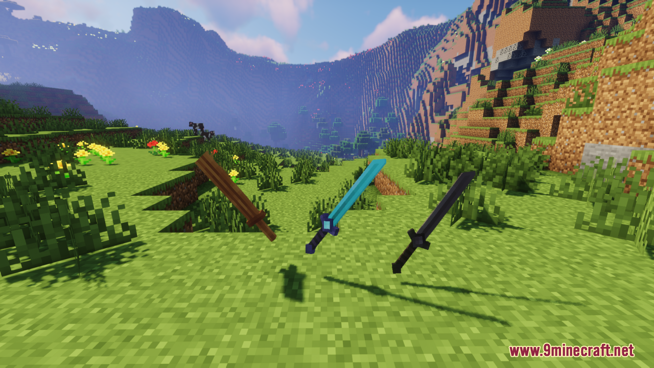 Tools 3D Resource Pack Screenshot 12 Three 3D swords with realistic depth are dropped on the green grass