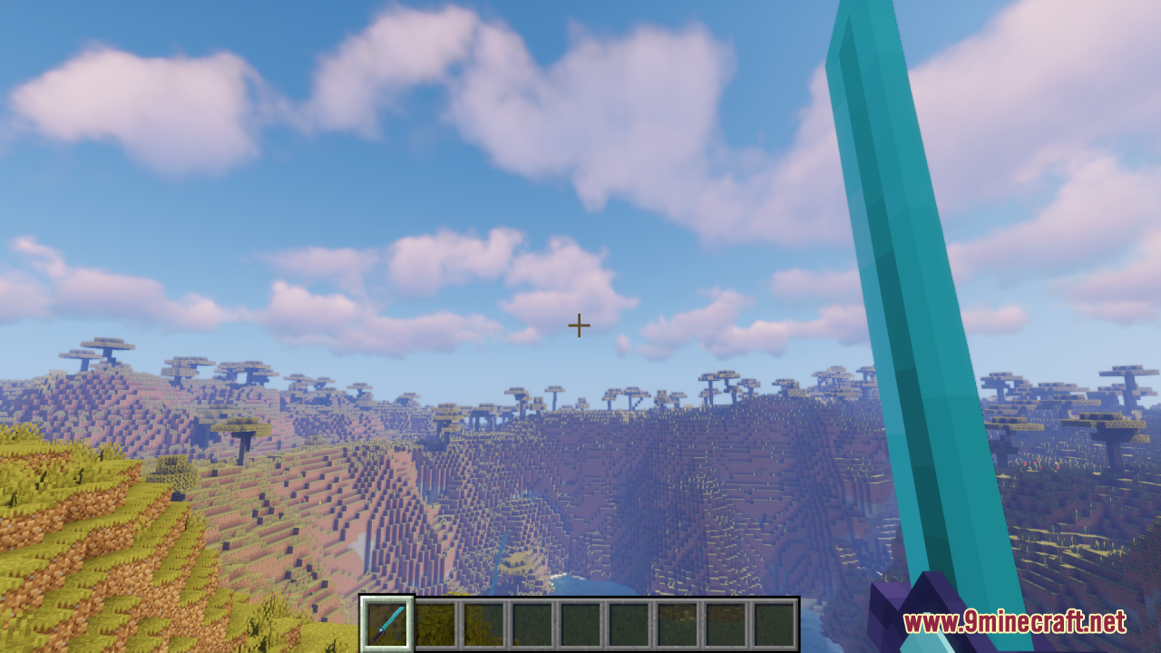 Tools 3D Resource Pack Screenshot 2 Player holding a thick diamond sword while looking at a savanna biome