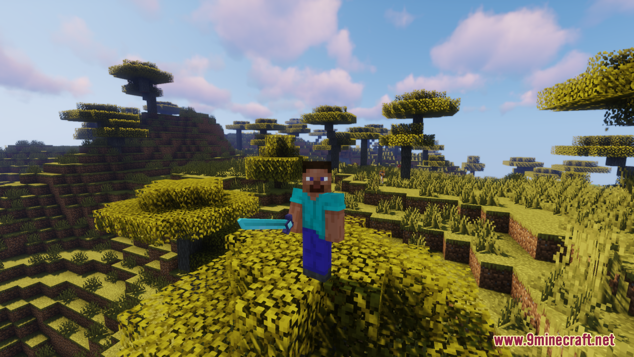 Tools 3D Resource Pack Screenshot 3 A Minecraft character holds a thick 3D diamond sword in the savanna