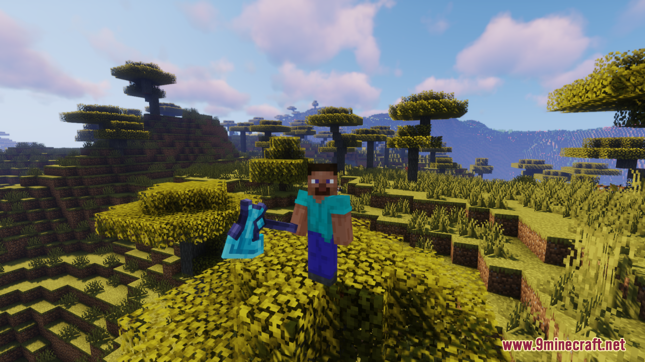Tools 3D Resource Pack Screenshot 4 Steve displays a thick 3D diamond axe while standing in the savanna