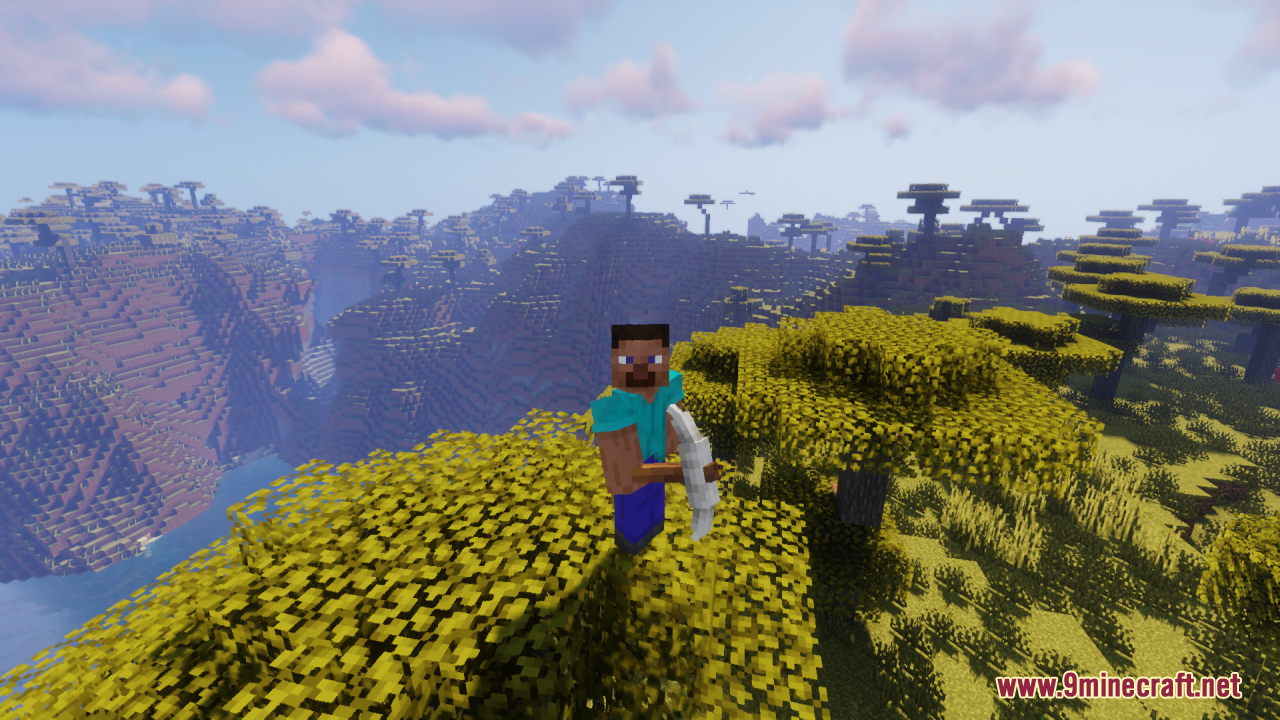 Tools 3D Resource Pack Screenshot 7 Steve holds a thick iron pickaxe model while standing on a tree