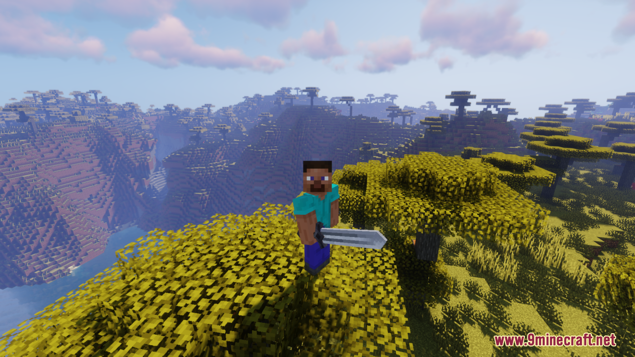 Tools 3D Resource Pack Screenshot 9 Steve holding a thick 3D iron sword while standing on yellow tree leaves