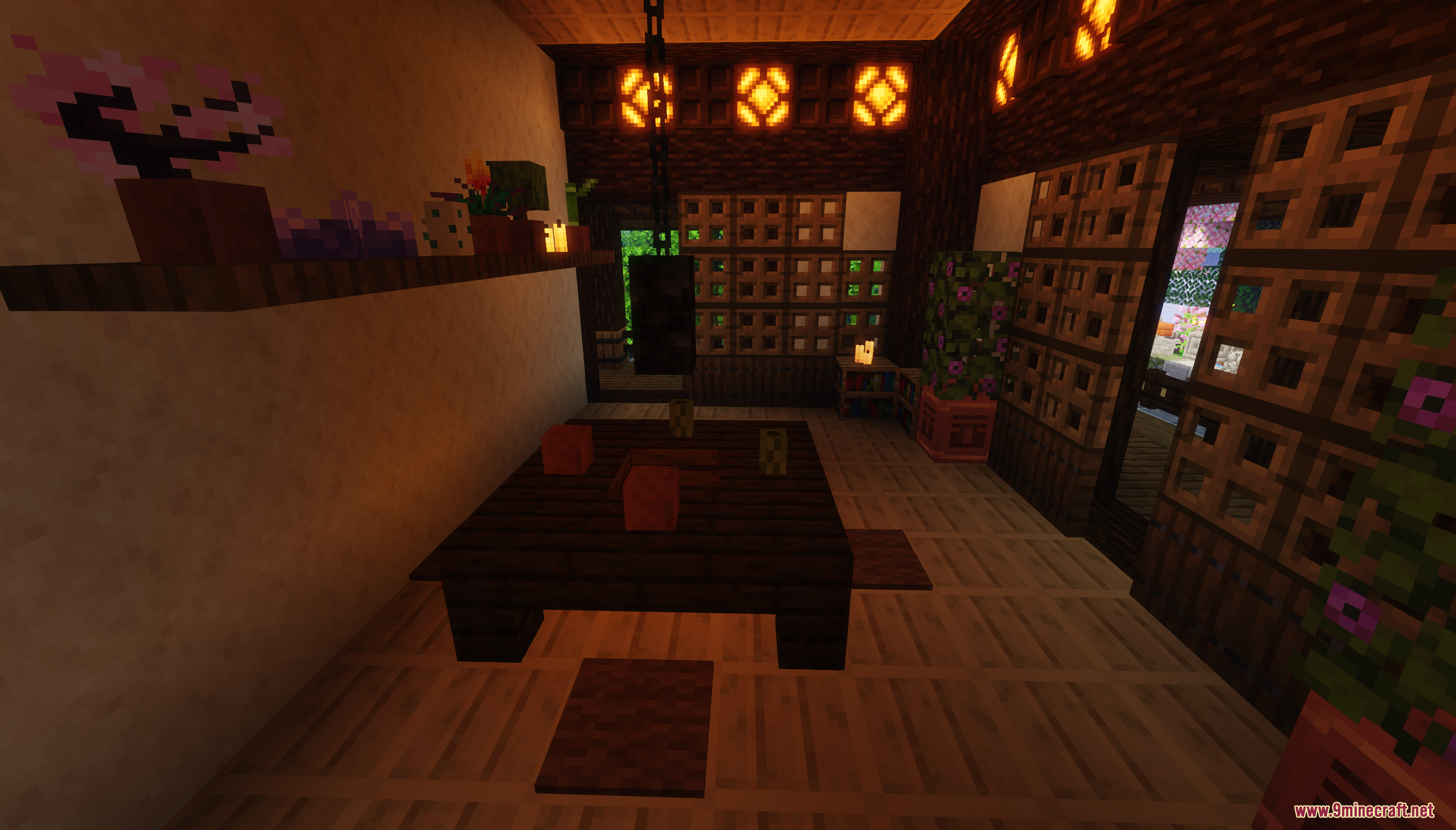 Cozy interior of a traditional Japanese house featuring low tables and warm lighting