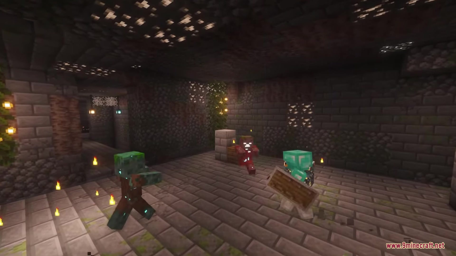 Trial Guardians Mod Screenshot 10 A player in diamond armor fights mobs inside a stone brick dungeon room