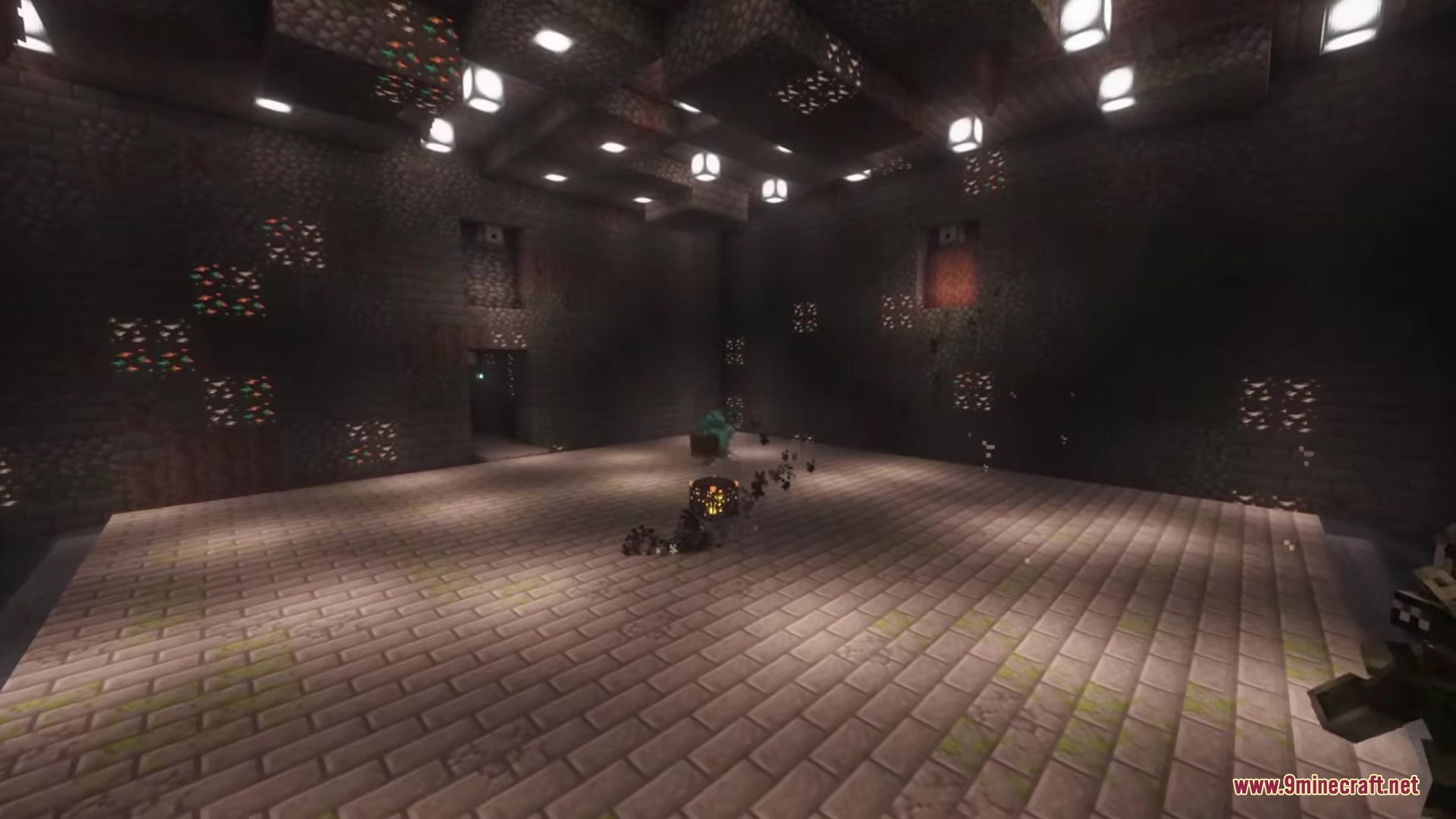 Trial Guardians Mod Screenshot 11 A player explores a large trial chamber with ores embedded in walls