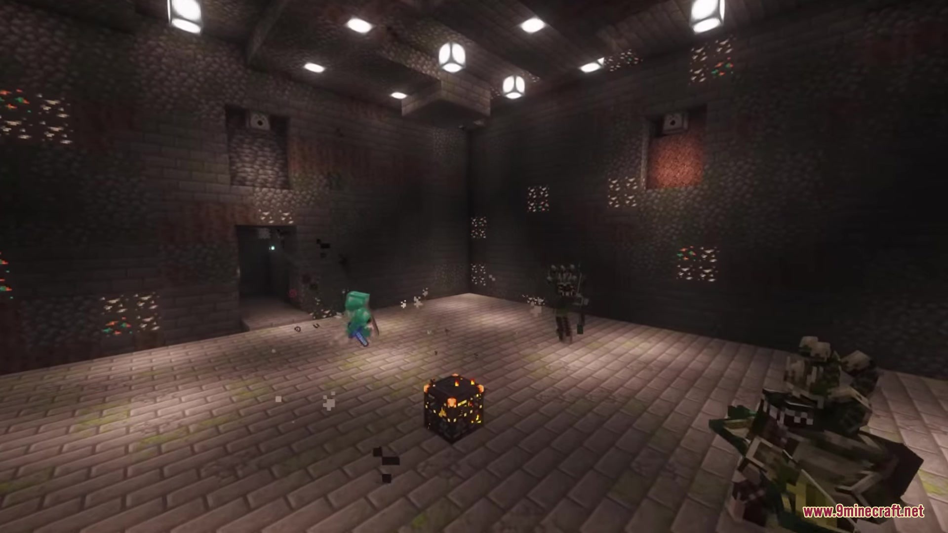 Trial Guardians Mod Screenshot 12 A player in armor stands near a mob spawner in a dungeon