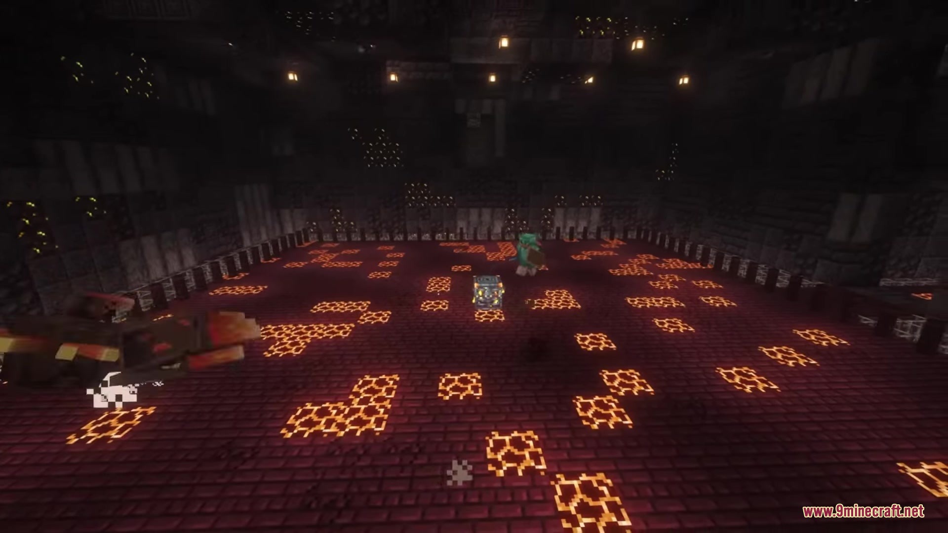 Trial Guardians Mod Screenshot 13 A player stands near a monster spawner in a dark fiery dungeon