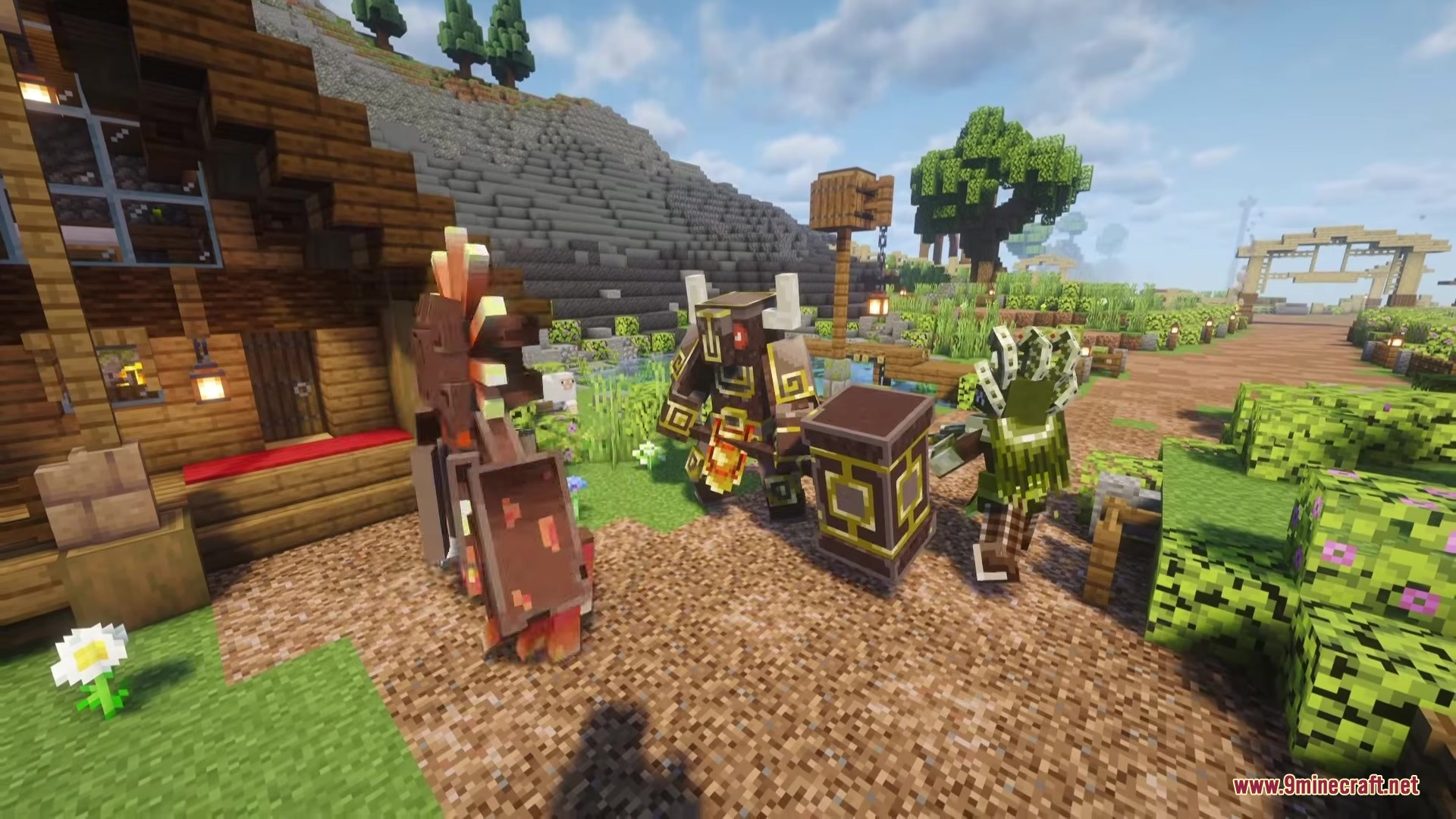 Trial Guardians Mod Screenshot 7 Three unique boss mobs standing together in a grassy Minecraft village area