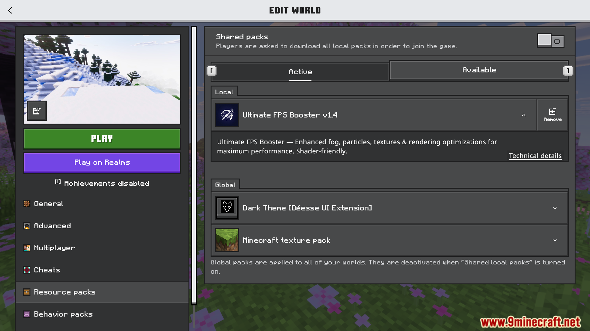 Ultimate FPS Booster Texture Pack Screenshot 1 Minecraft edit world menu showing the Ultimate FPS Booster texture pack active