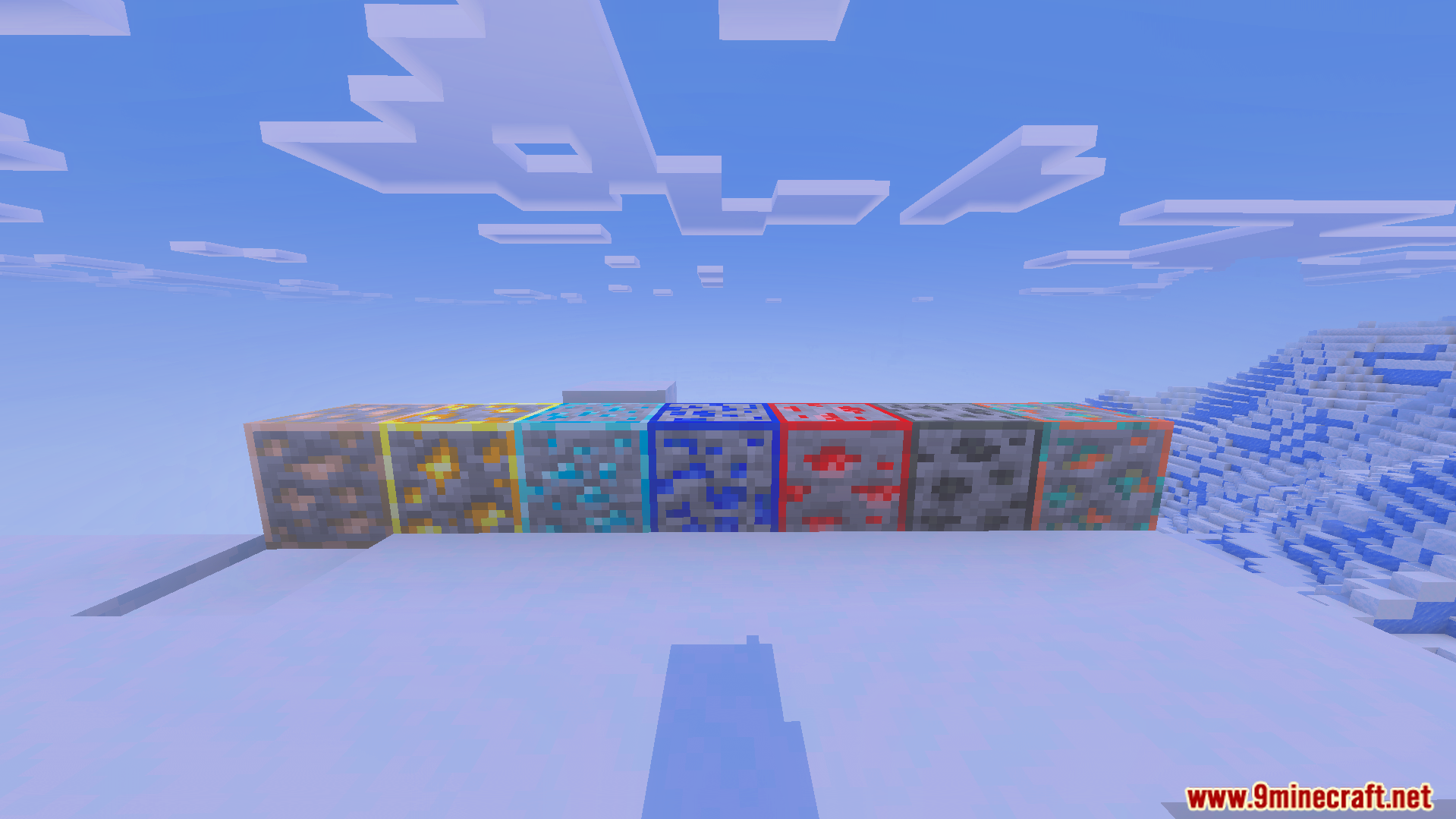 Ultimate FPS Booster Texture Pack Screenshot 2 Various Minecraft ore blocks with bright colored outlines placed on a snowy landscape