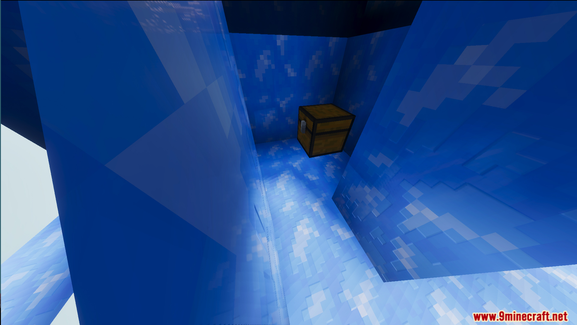 Ultimate Skyblock Adventure Map Screenshot 10 A wooden chest sitting inside a structure made of blue ice blocks