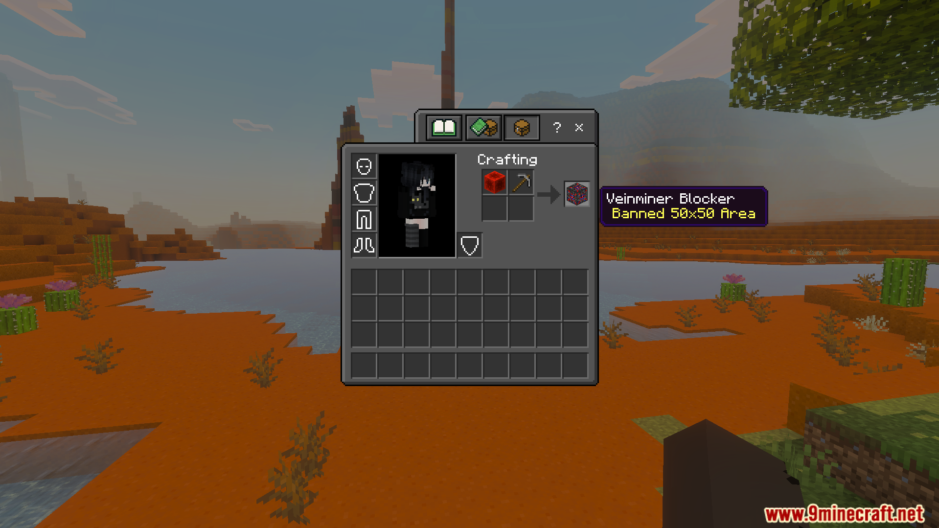 Crafting a blocker with a redstone block and a pickaxe for protection
