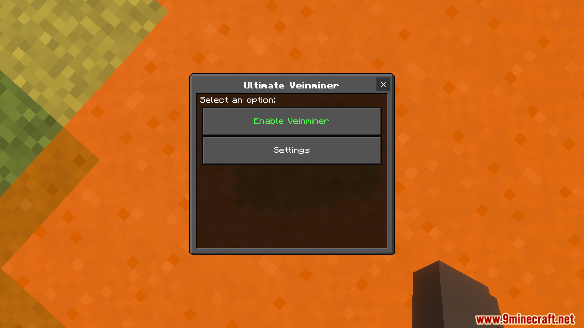 The Ultimate Veinminer settings menu opened by looking down and crouching