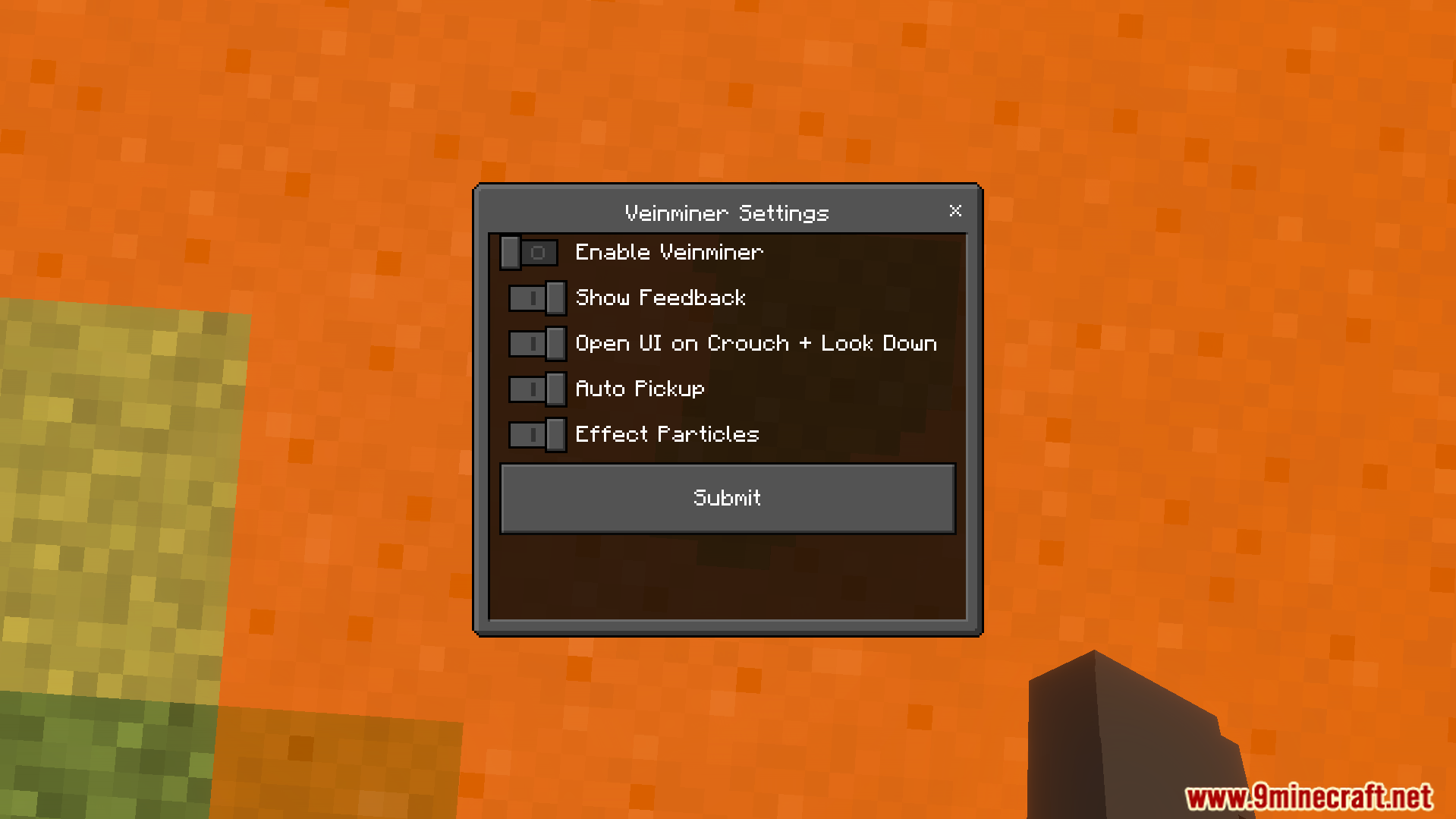 Settings menu for the Ultimate Veinminer Addon with options to enable features