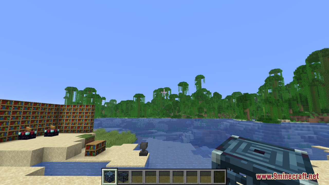Player holding a 3D trial spawner block near bookshelves and water