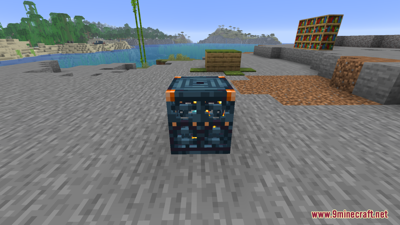 A single 3D trial spawner block sitting on a stone ground surface