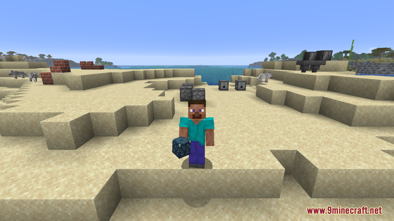 Steve character displays a 3D trial spawner block on a sandy beach