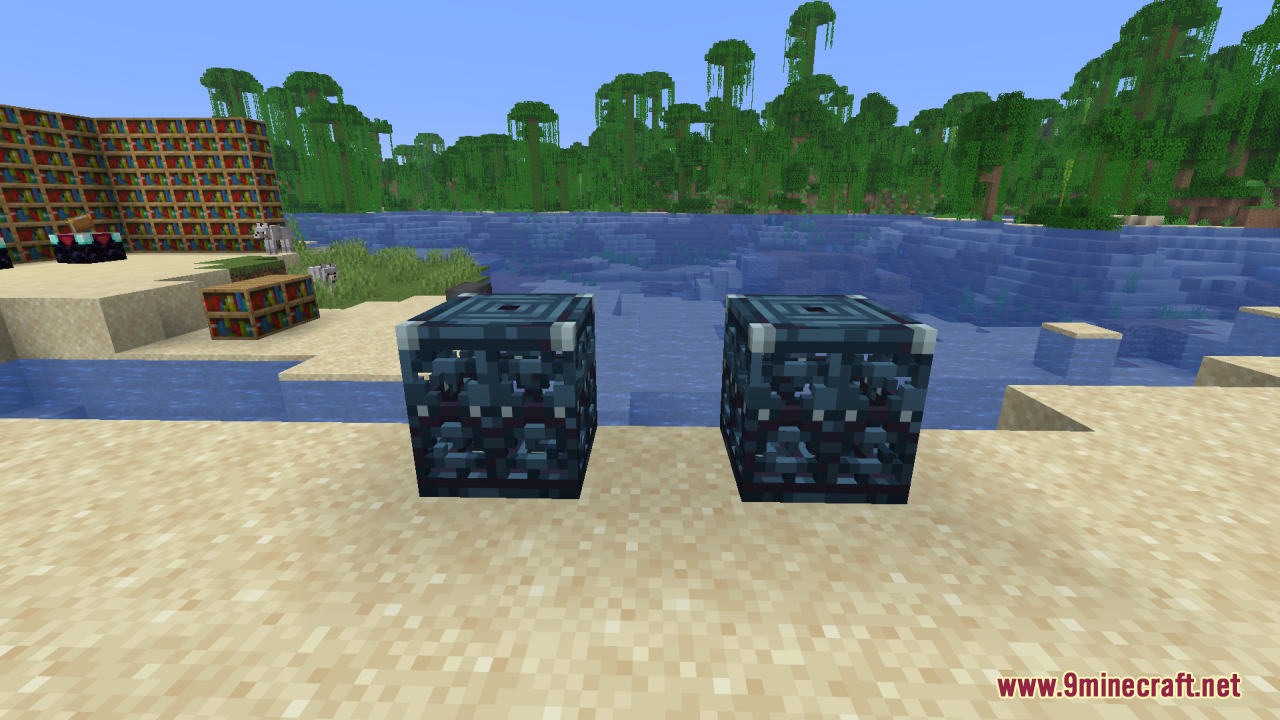 Two detailed 3D trial spawner blocks placed side by side on the sand