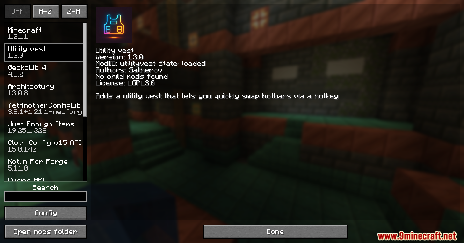 Utility Vest Mod Screenshot 1 Minecraft mod menu interface displaying information about the Utility Vest Mod features