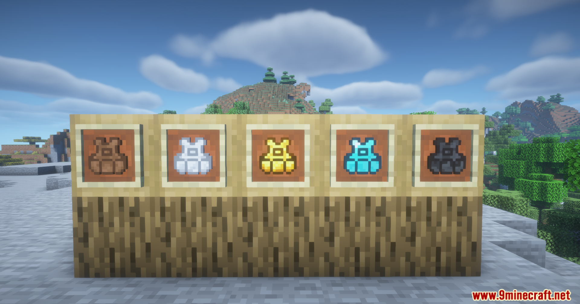 Utility Vest Mod Screenshot 2 Five different utility vests displayed in item frames on a wooden wall