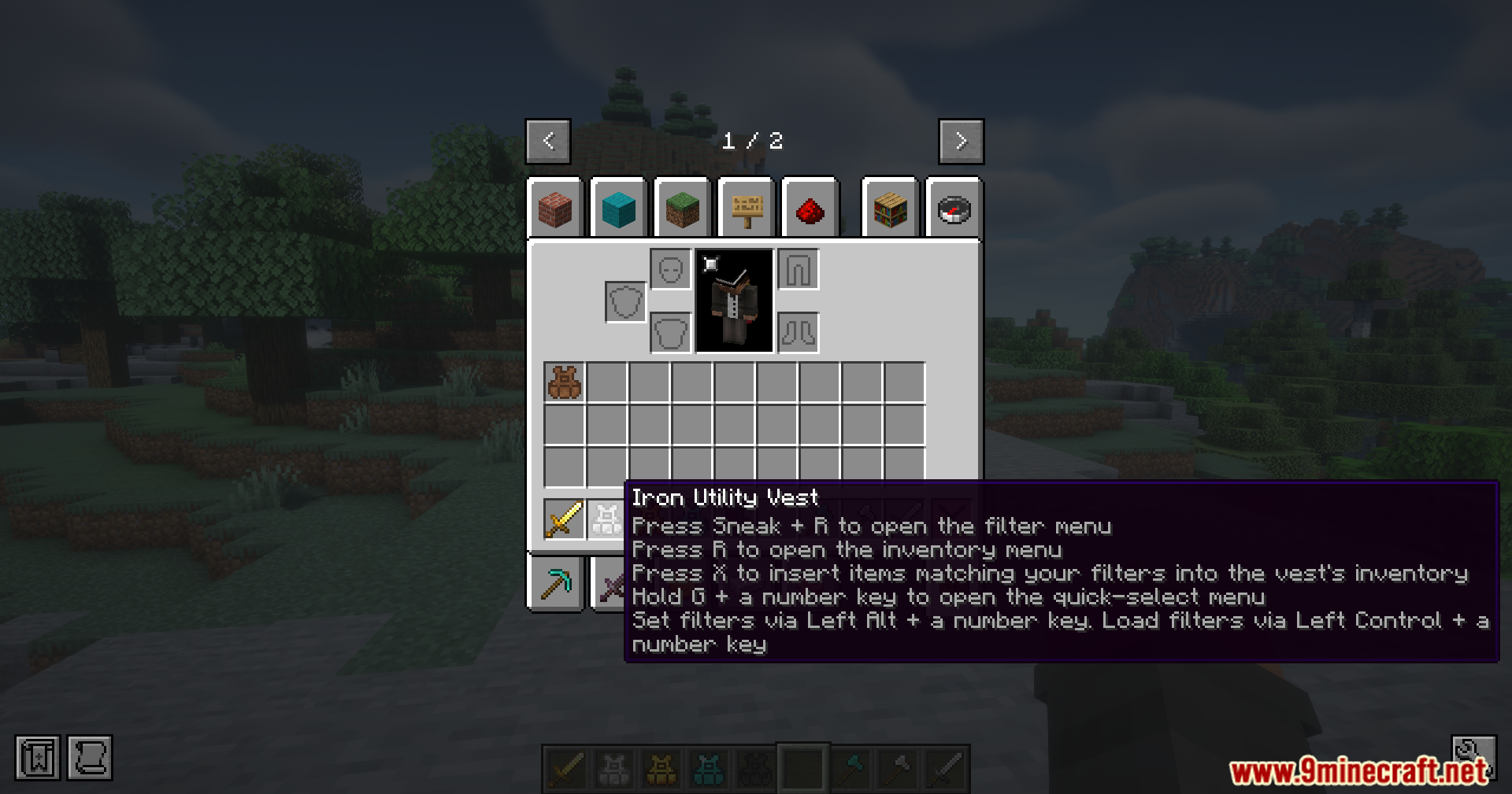 Utility Vest Mod Screenshot 4 Detailed tooltip for an iron armor piece showing custom controls and keybinds