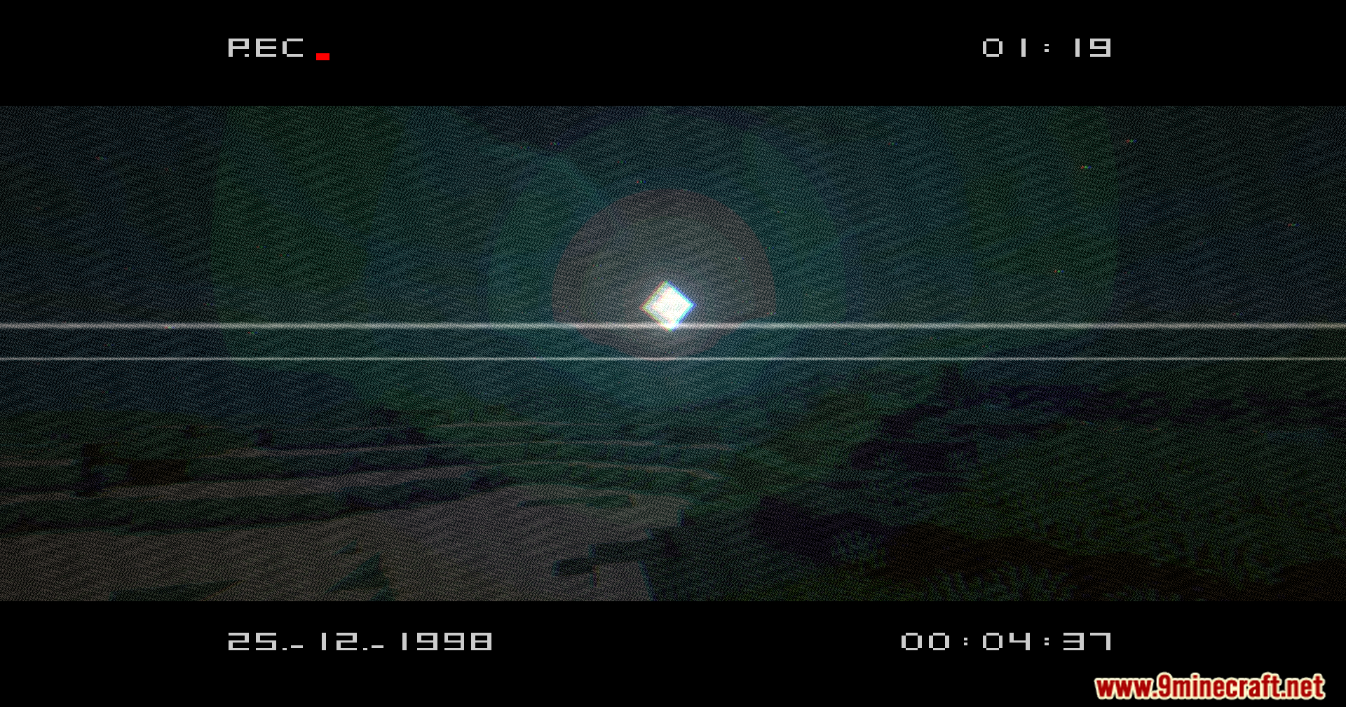 VHS X BSL Shaders Screenshot 10 Bright light source in the sky with horizontal scanlines and VHS distortion